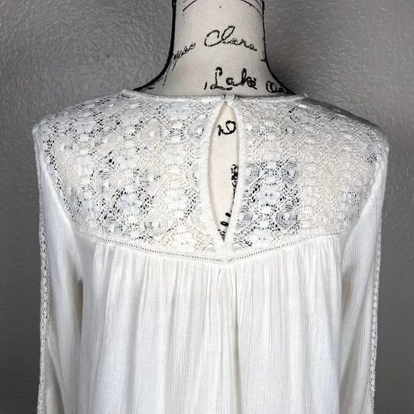 Hinge Sz S 3/4 Sleeve Sweetheart Lace Bodice Blouse White Lace Accents Boho - Picture 6 of 13